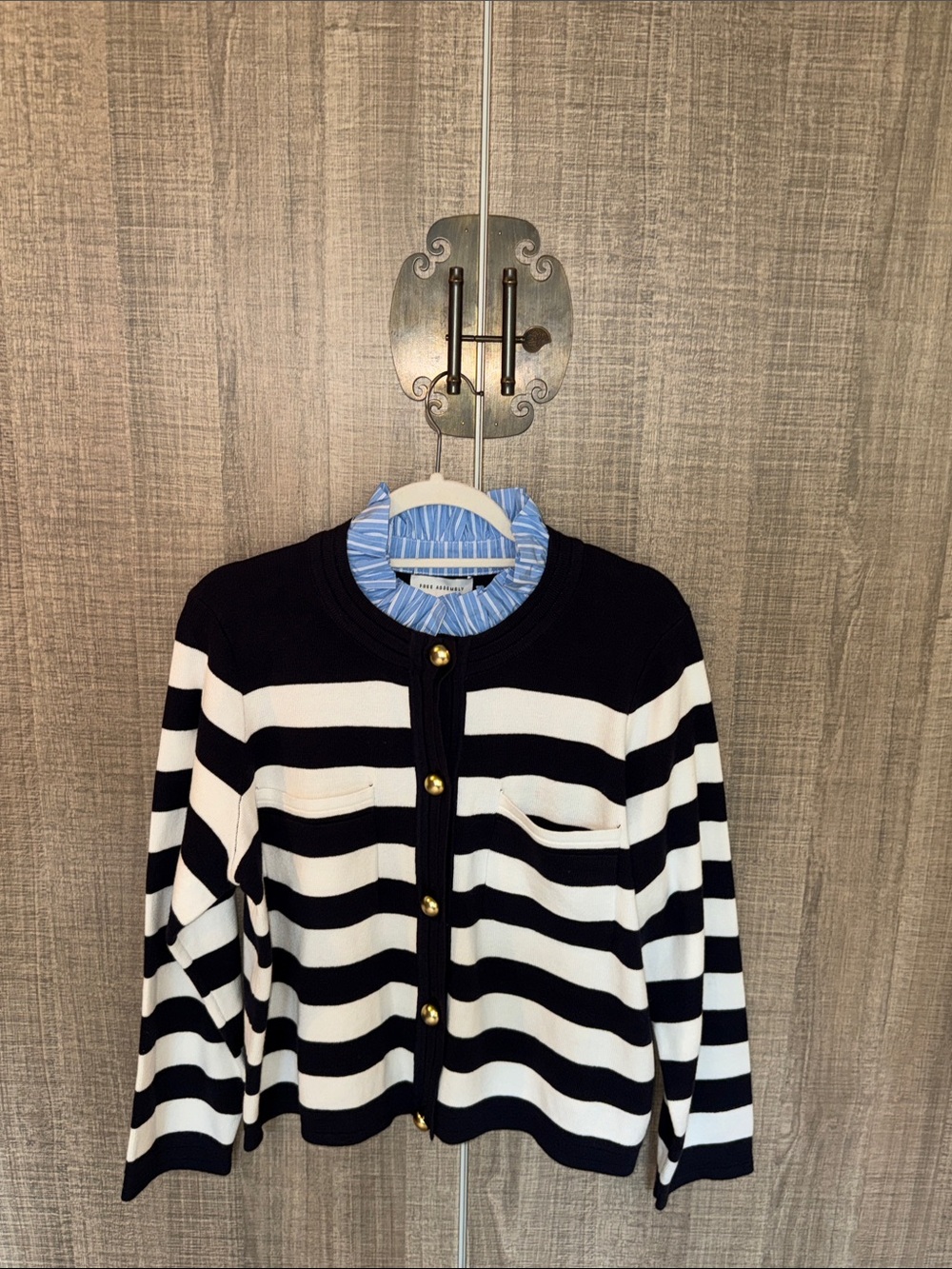 Free Assembly Striped Ruffled Neck Navy and White Cardigan Sweater